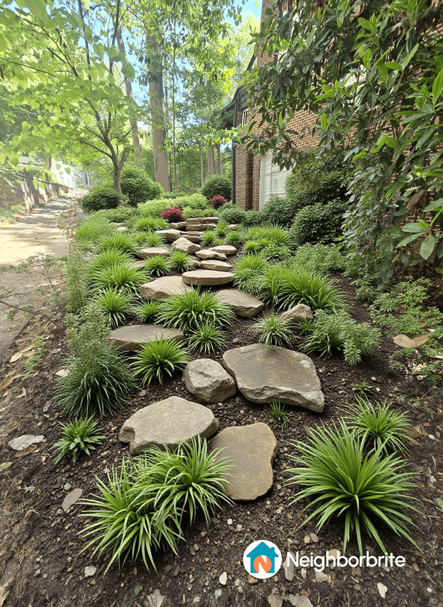 A landscaped area featuring a dry riverbed with stones and greenery.