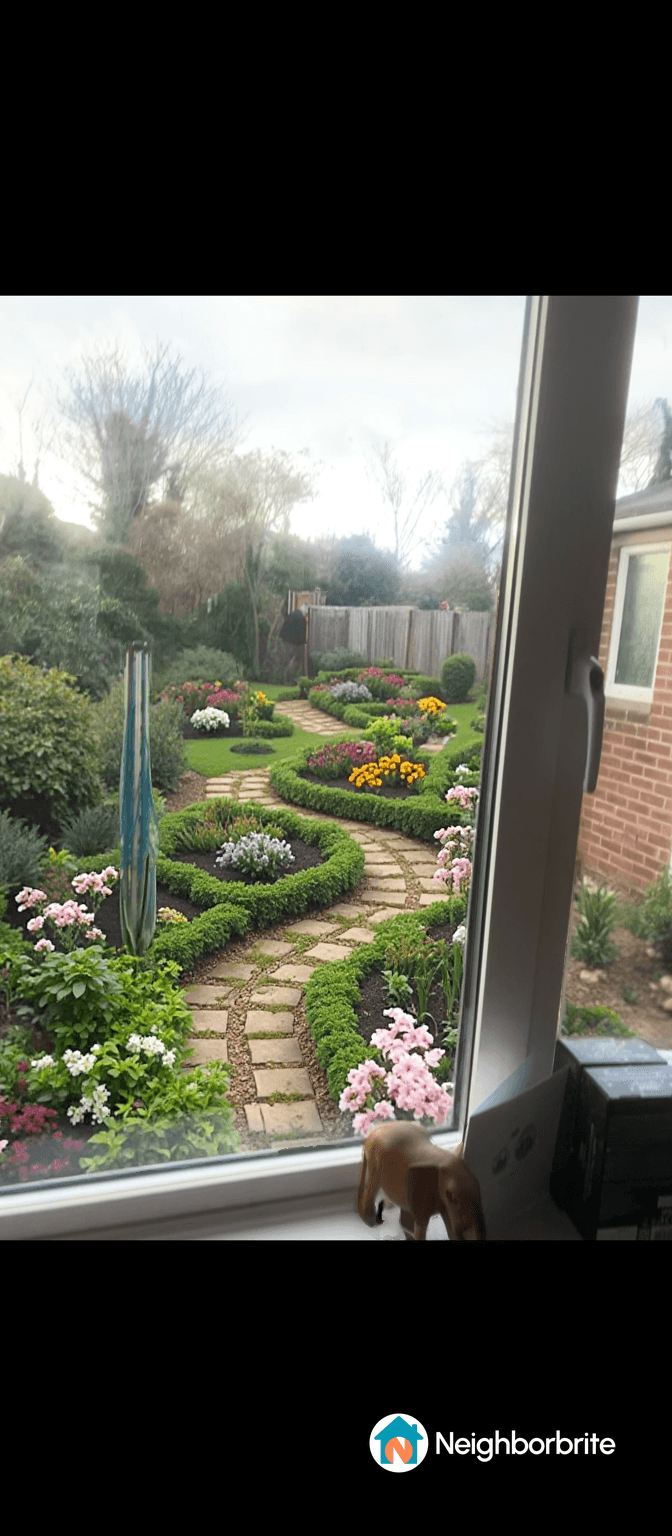 A vibrant garden with winding paths and colorful flowers.