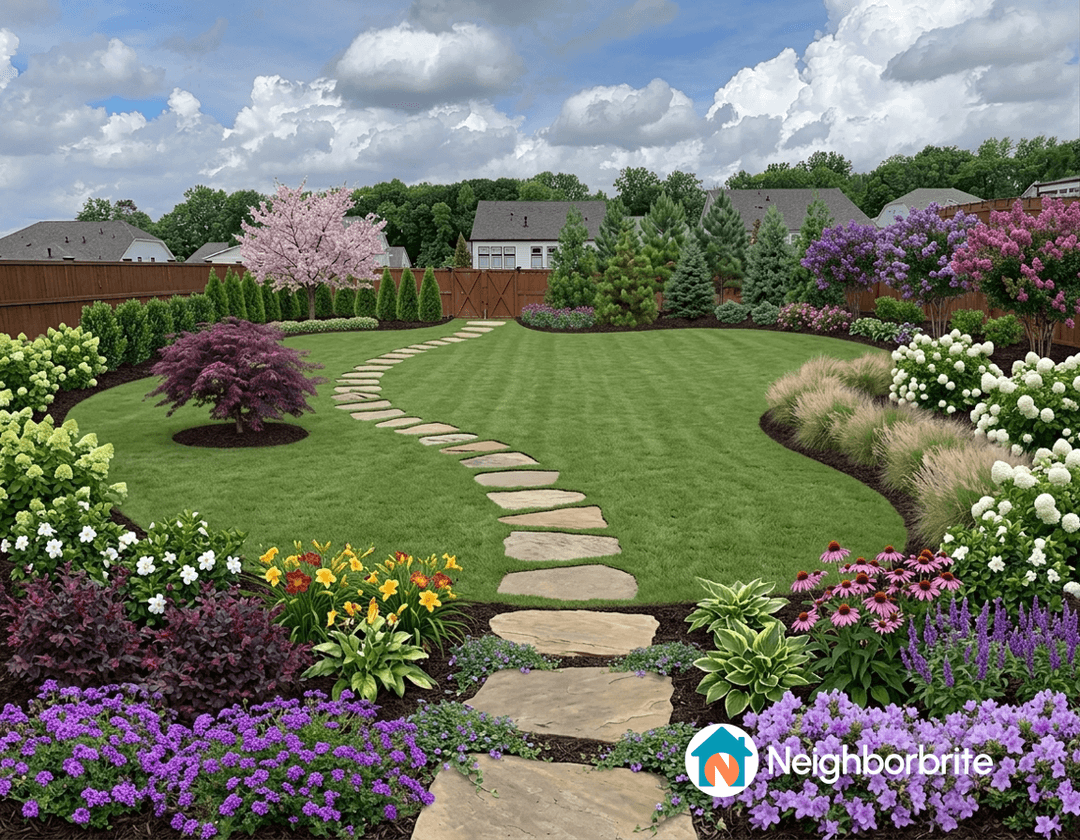 A landscaped yard with flowers, trees, and a stone path.