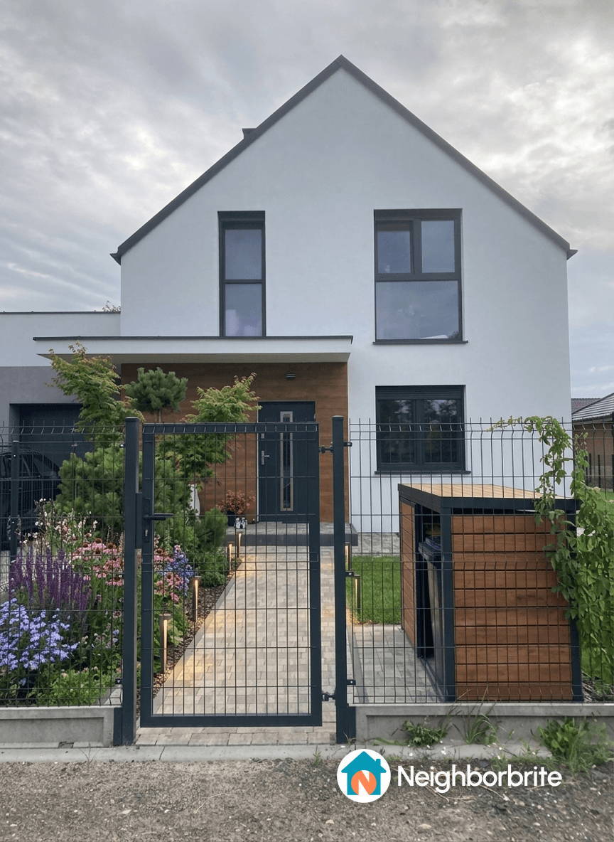 A modern house with a garden and fence, suggesting thuja for coverage.