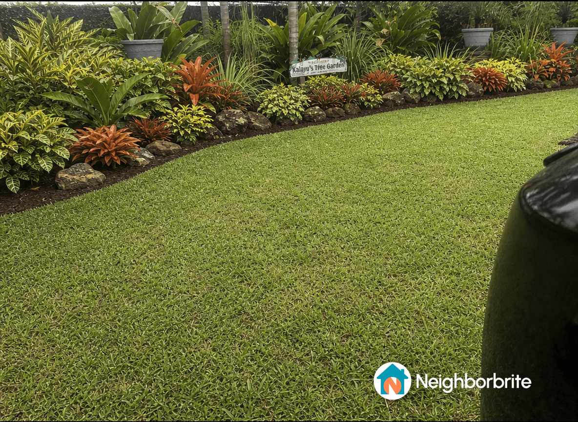 Lush green lawn with colorful plants along the edge.
