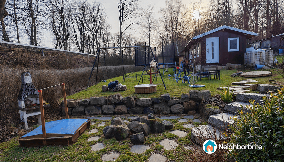Ein Garten mit Spielgeräten, Steinen und einem Holzhaus.