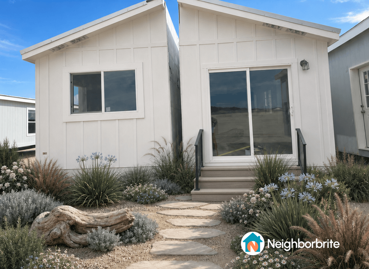 Front view of a modern manufactured home with landscaped garden.