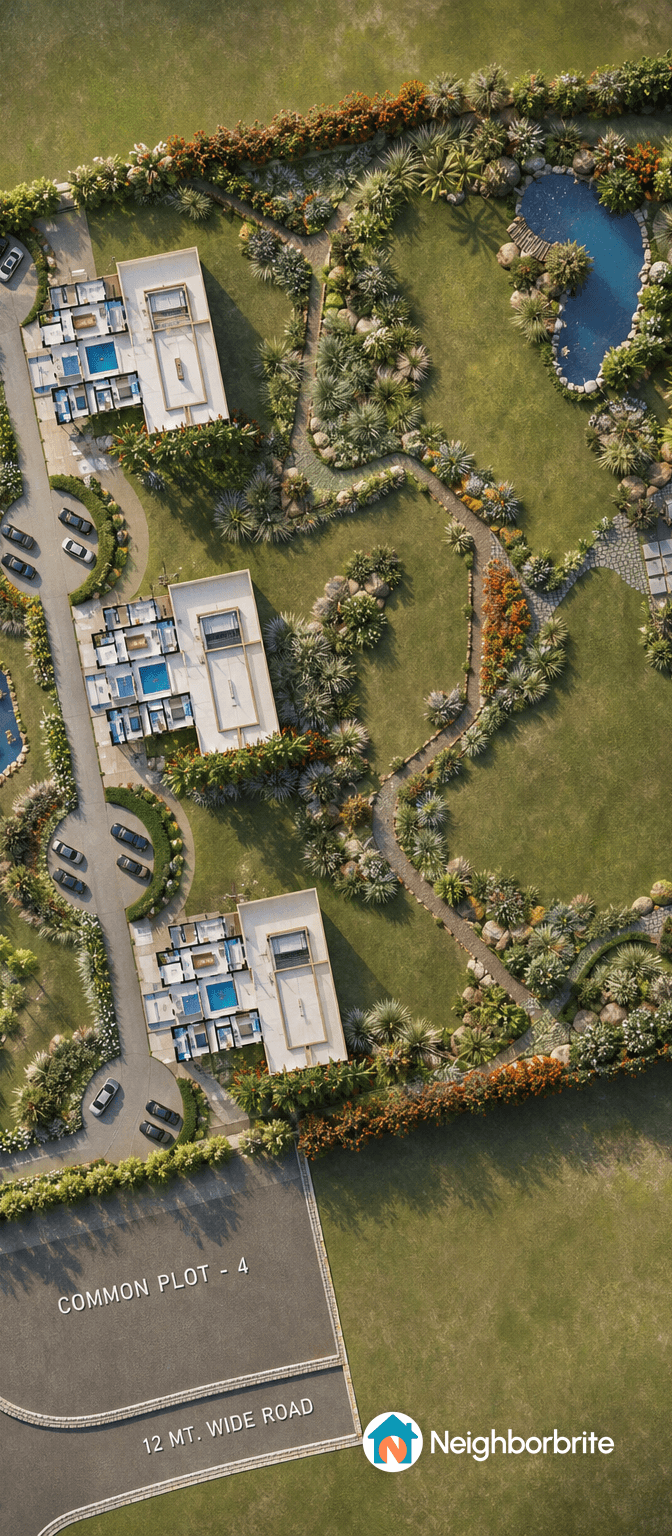 Aerial view of a landscaped area with pools and pathways.