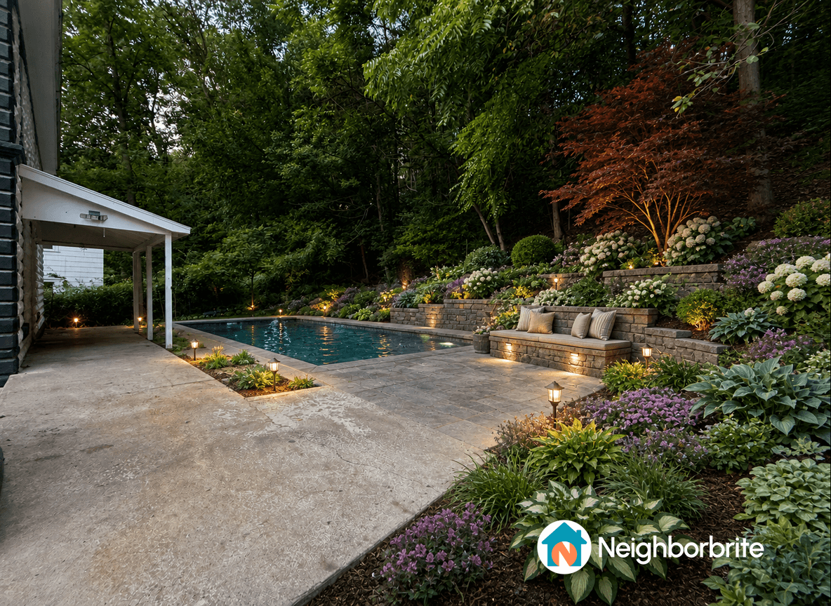 A stunning pool area surrounded by lush landscaping and cozy seating.