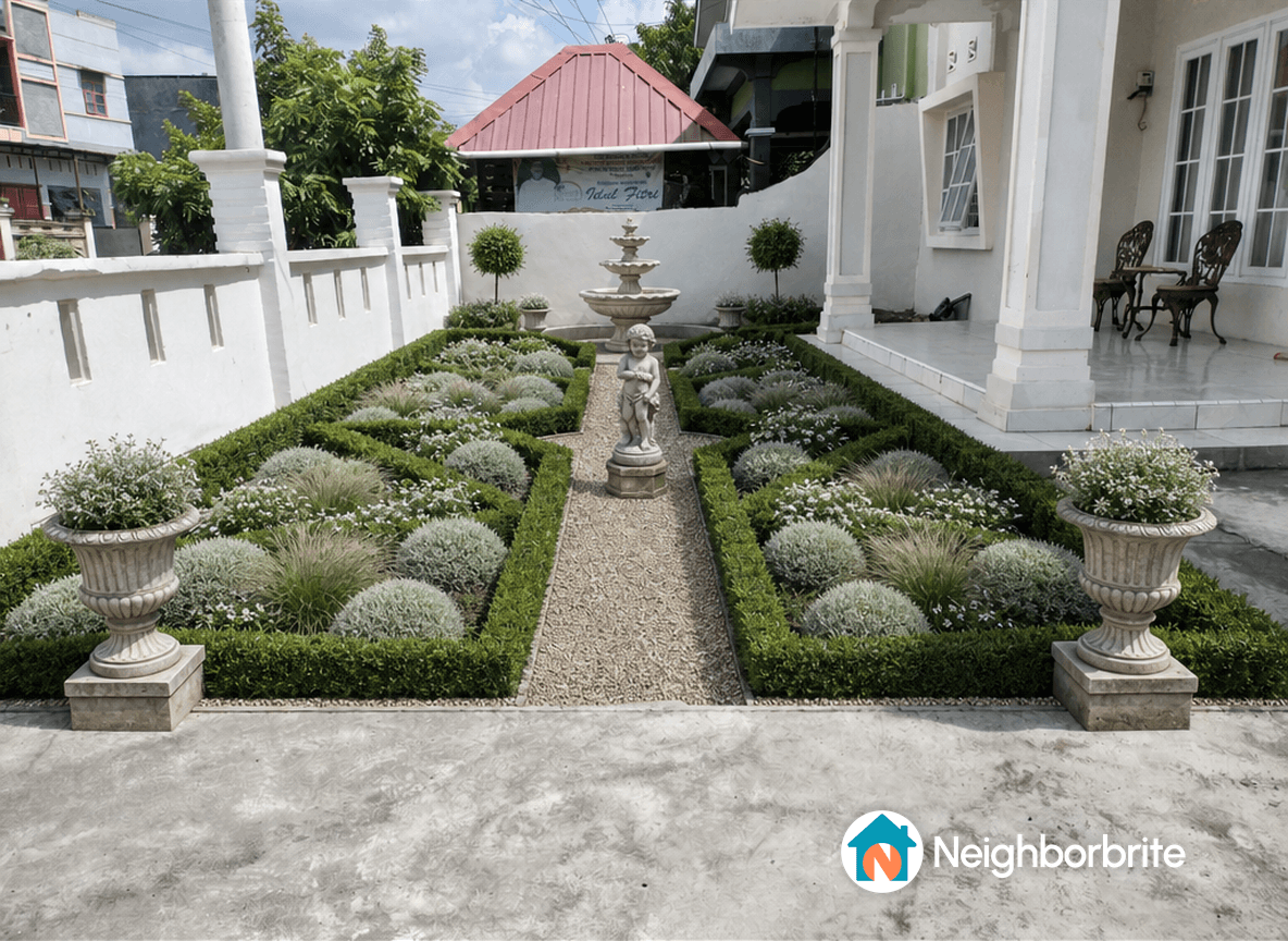 A beautifully designed minimalist garden with neat lawns, stepping stones, and decorative shrubs.