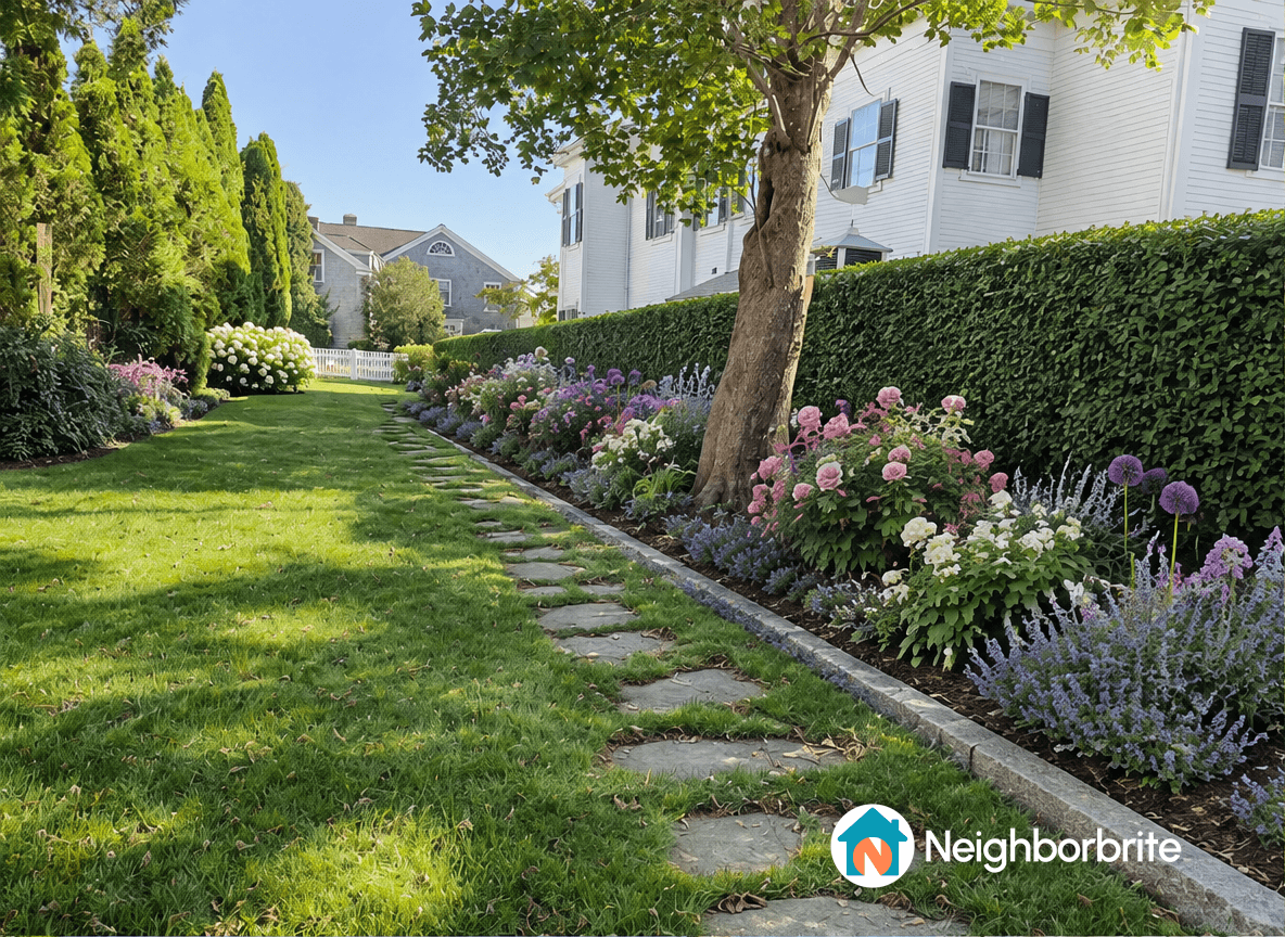 English-style garden with a clipped privet hedge, colorful flower beds, a stepping-stone path, and a leafy tree beside a white house.