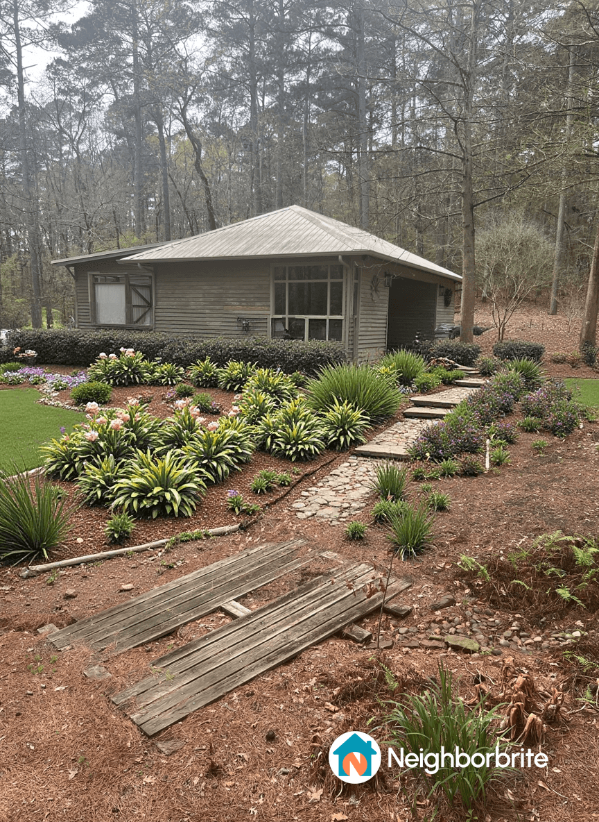 A landscaped yard with various plants and a house in the background.