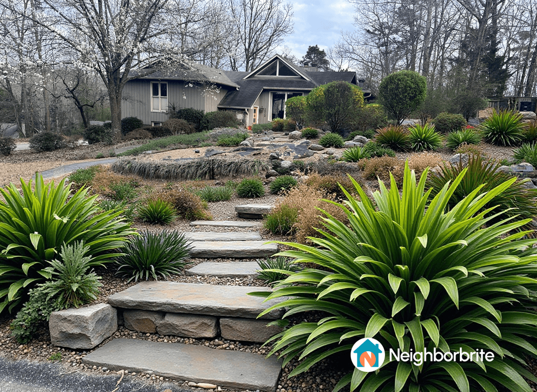 A landscaped yard with steps and plants, planning for Japanese maples.