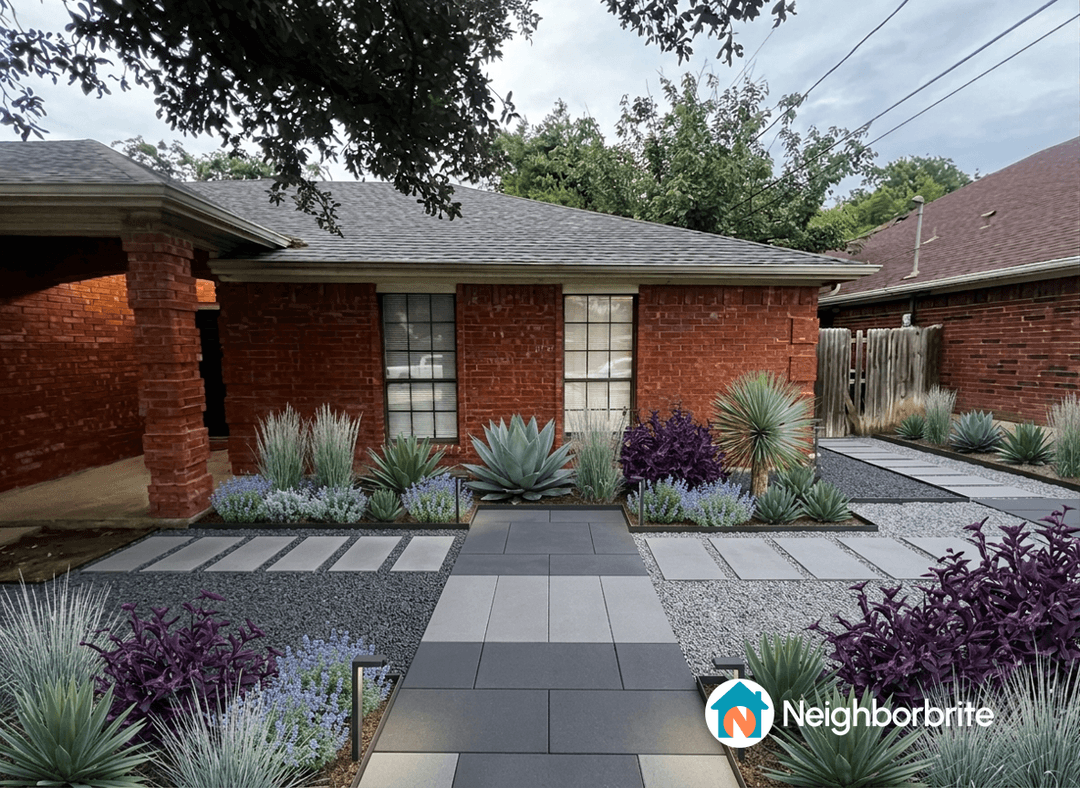 A landscaped yard with pathways and various plants in an older neighborhood.