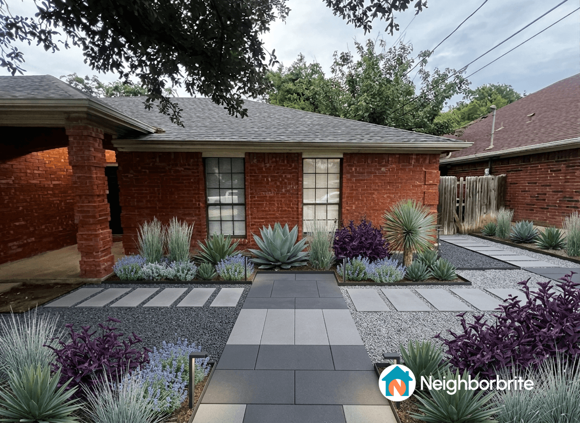 A landscaped yard with pathways and various plants in an older neighborhood.