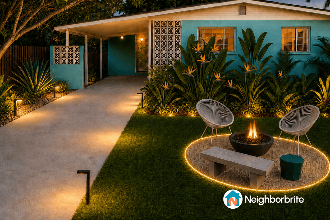 A colorful front yard featuring a fire pit, seating, and vibrant plants.