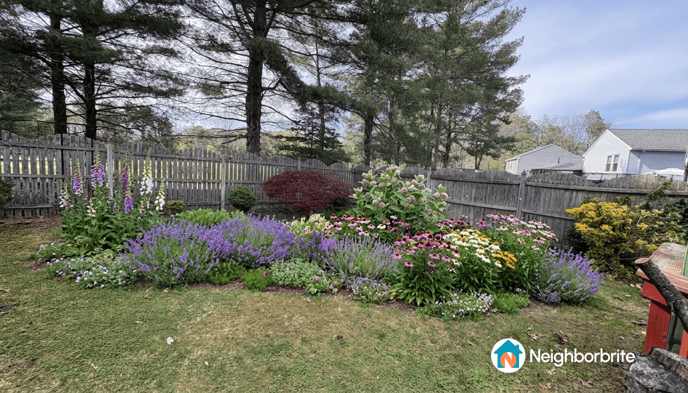 A vibrant pollinator garden with various flowers and plants.