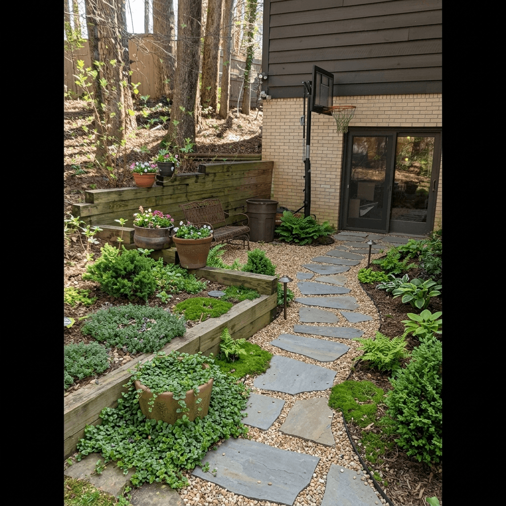 A garden path with plants and a wooden wall, seeking plant suggestions.