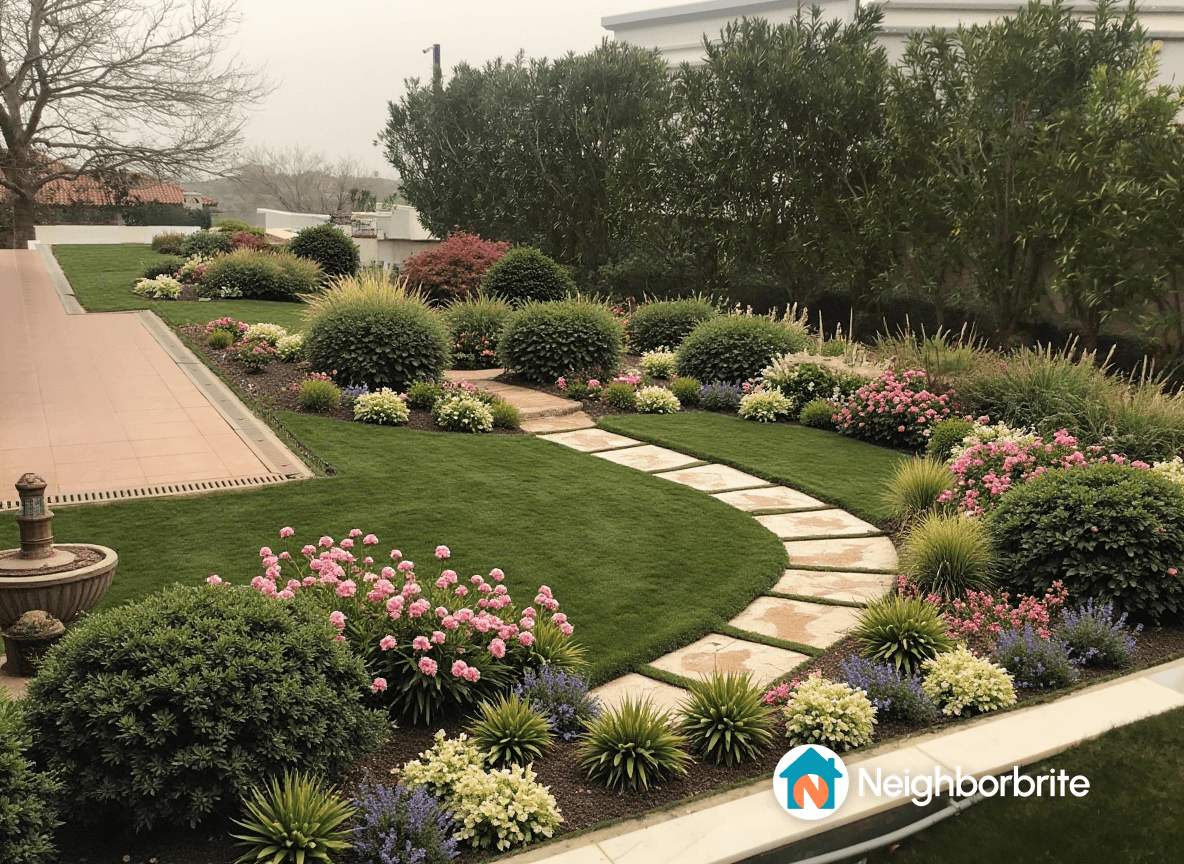 A beautifully landscaped garden with colorful flowers and a winding path.