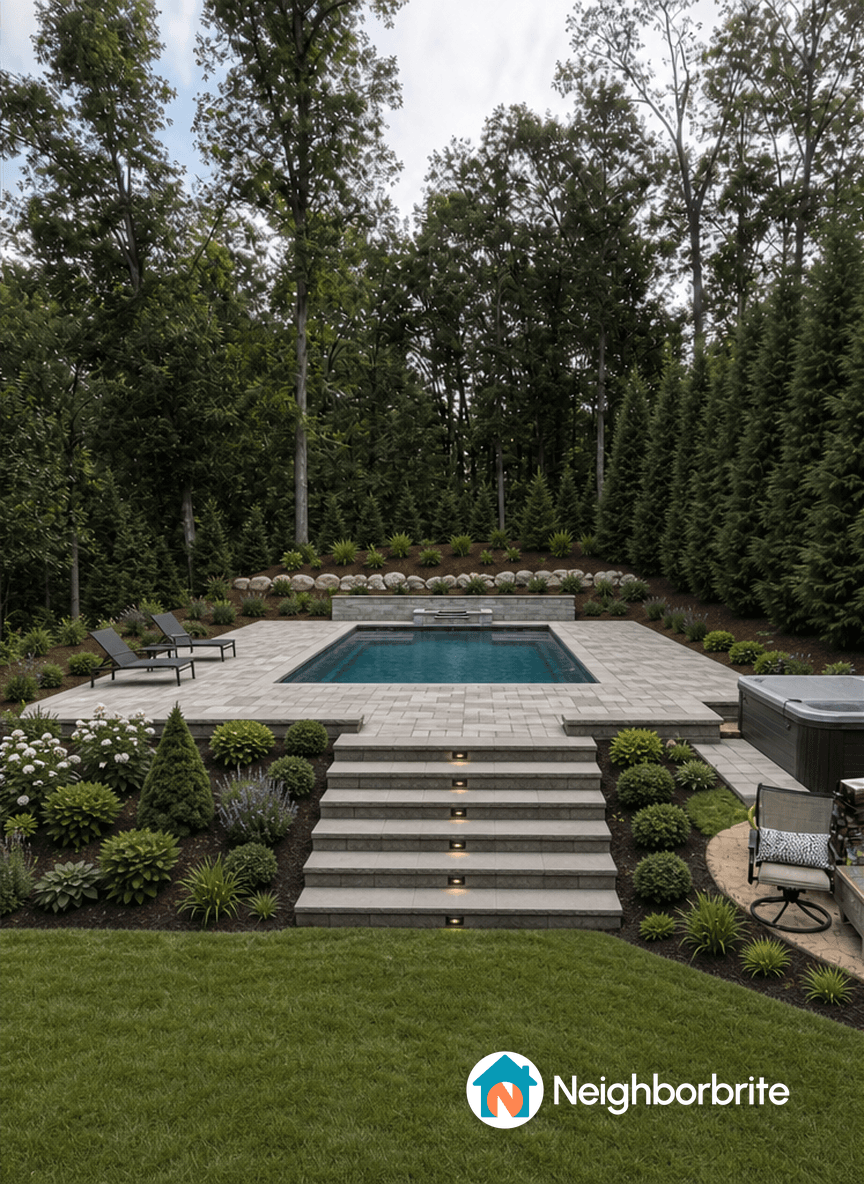 A backyard pool area with landscaping, featuring a request for changes to rocks and plants.