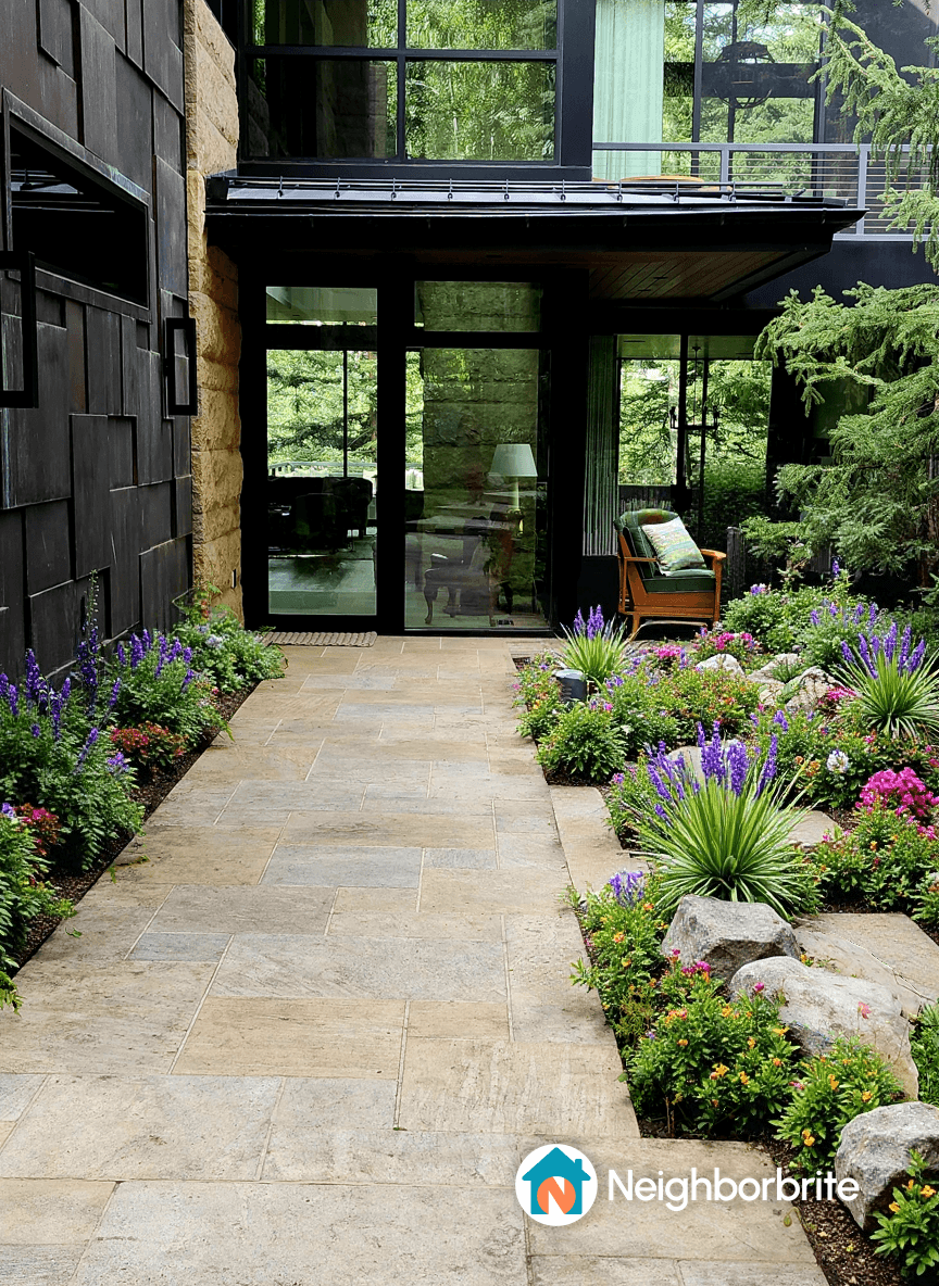 Pathway through a lush shade garden with colorful flowers and greenery.