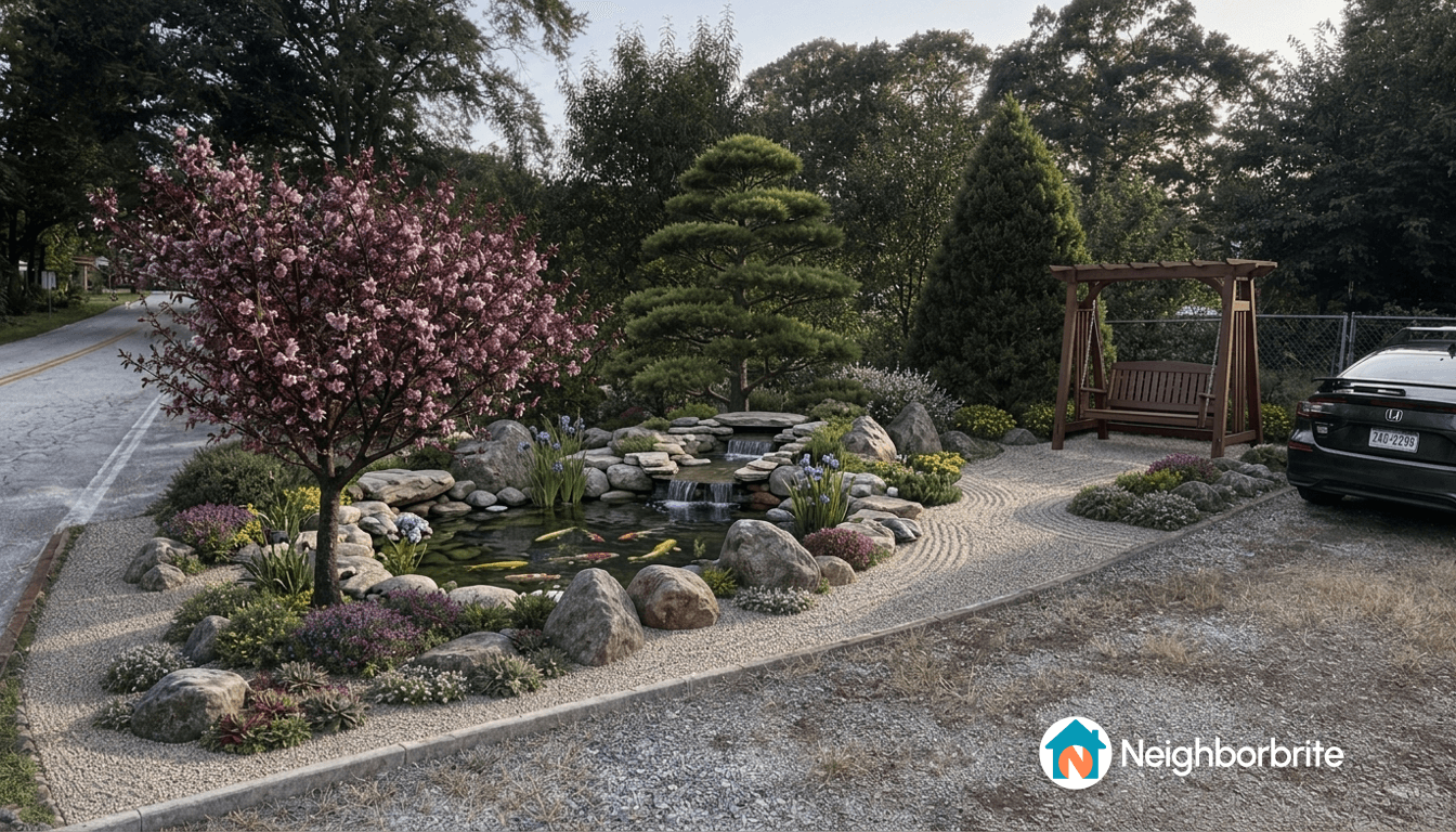 A landscaped yard featuring a pond, flowering trees, and a swing.