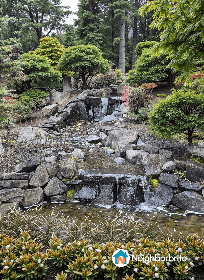 A serene garden with a small waterfall and lush greenery.