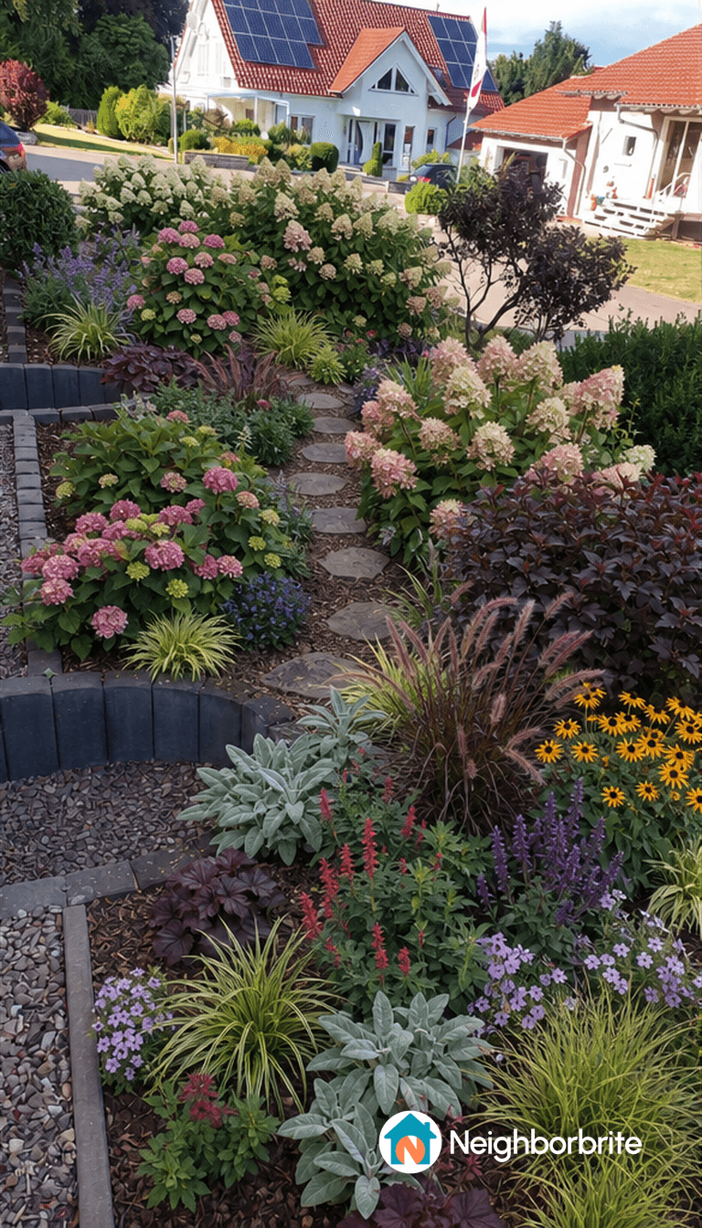 A beautifully landscaped garden featuring various flowering plants and a stone pathway.