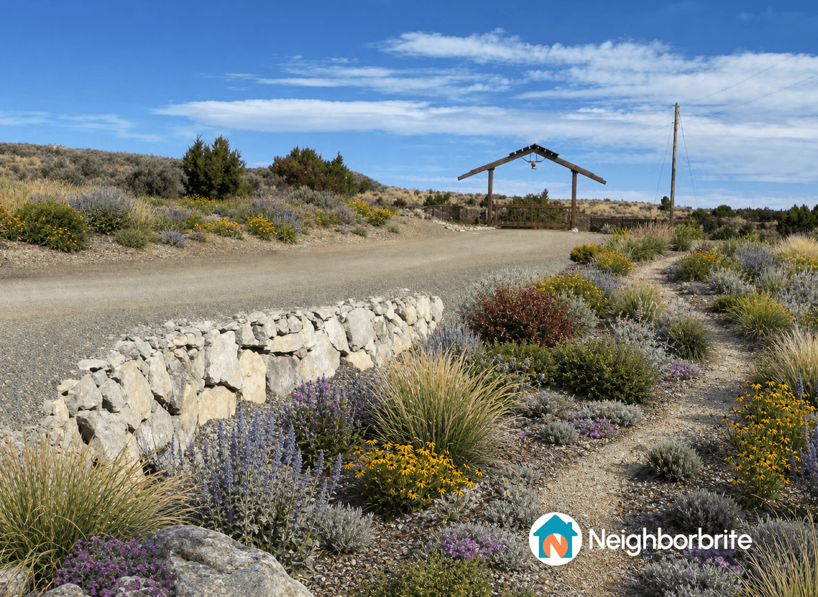 Colorful drought-tolerant plants along a gravel path with a wooden gate.