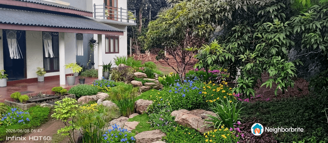 A vibrant garden with colorful flowers and rocks near a house.