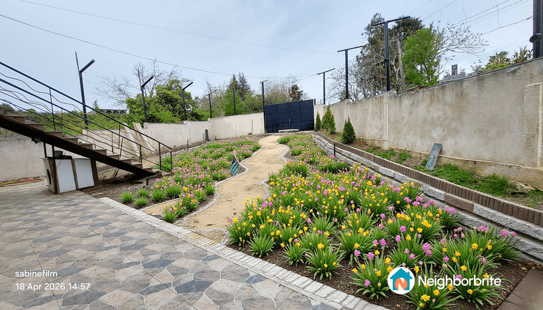 A landscaped garden with colorful flowers and a winding path.