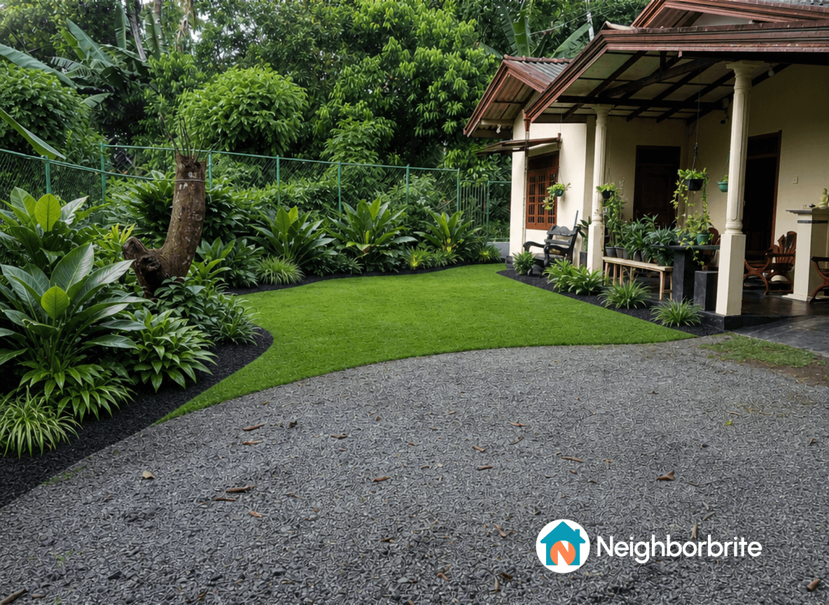 A well-maintained yard with lush greenery and a cozy seating area.