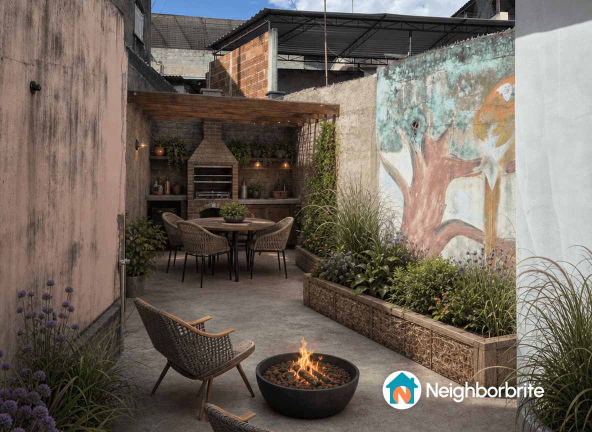 A stylish outdoor patio featuring a fire pit, dining table, and lush greenery.