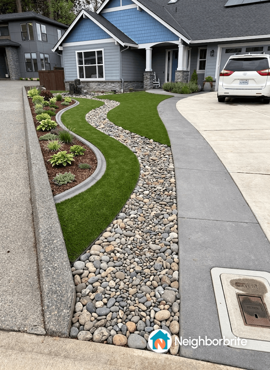 A landscaped yard featuring a dry creek bed and green grass.