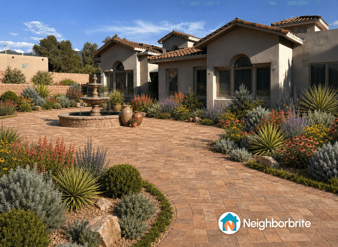 A drought tolerant garden featuring colorful flowers and a fountain.