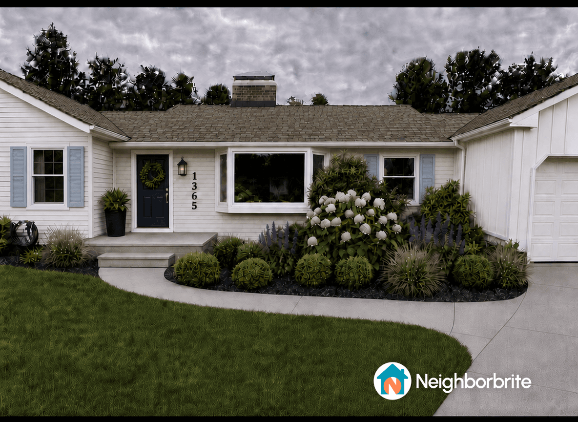 Front yard of a house with landscaping, seeking cottage style ideas.