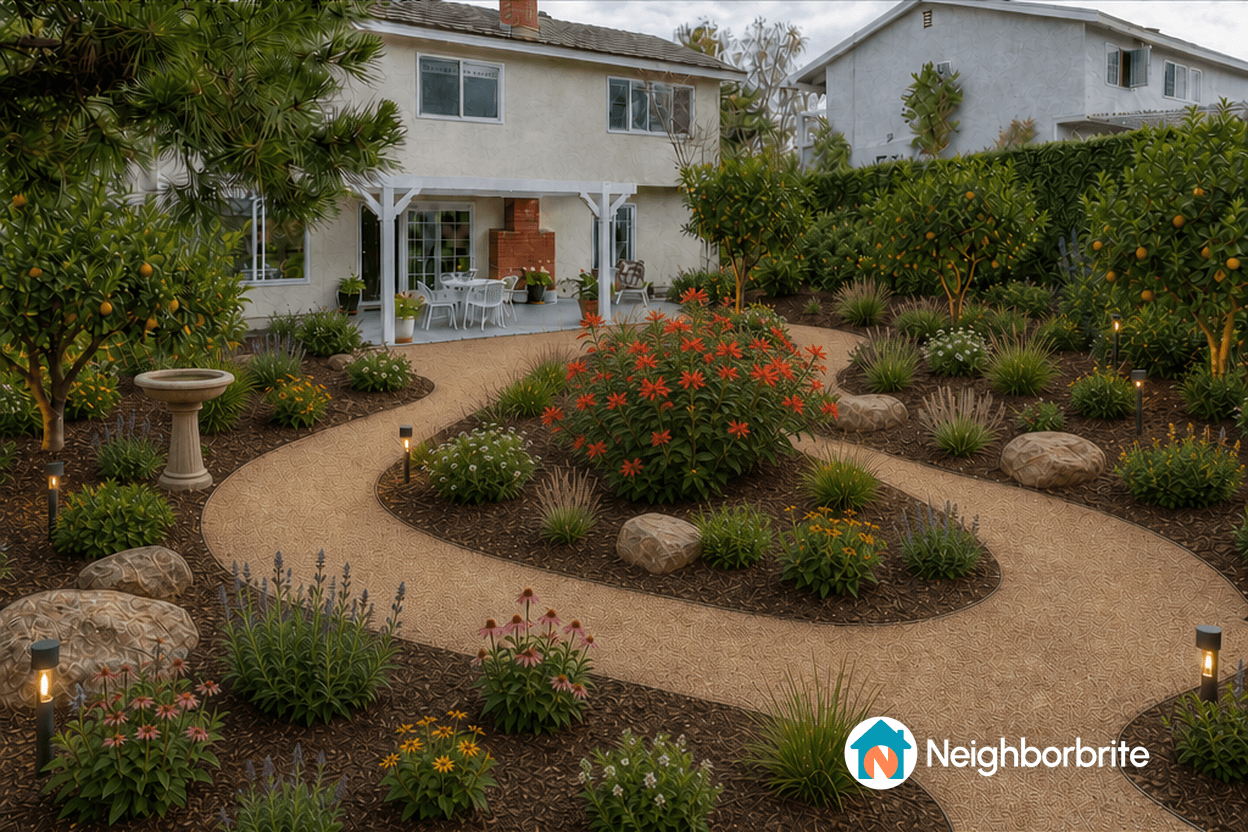 Colorful garden featuring Mexican Bird of Paradise plants.
