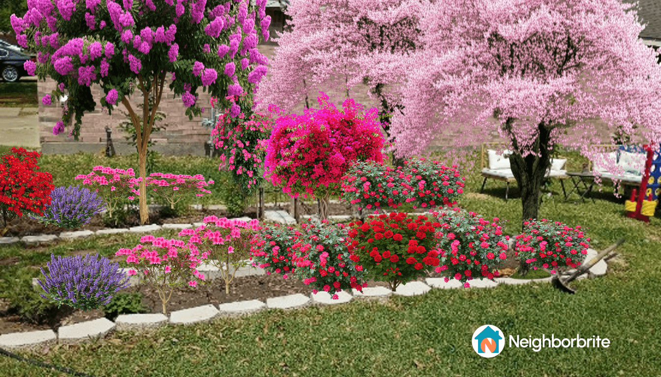 Vibrant garden design featuring pink and red flowers and trees.