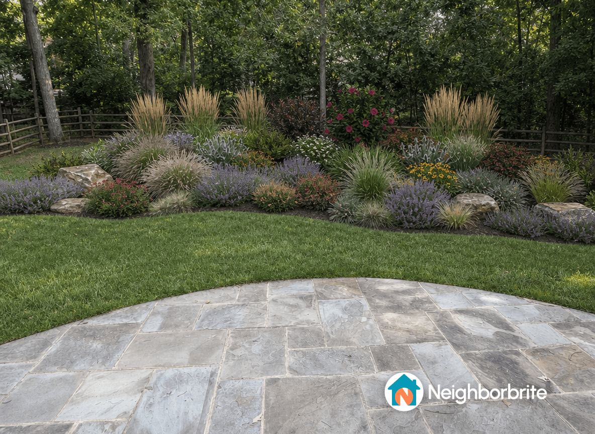 A landscaped yard featuring various plants and stones.