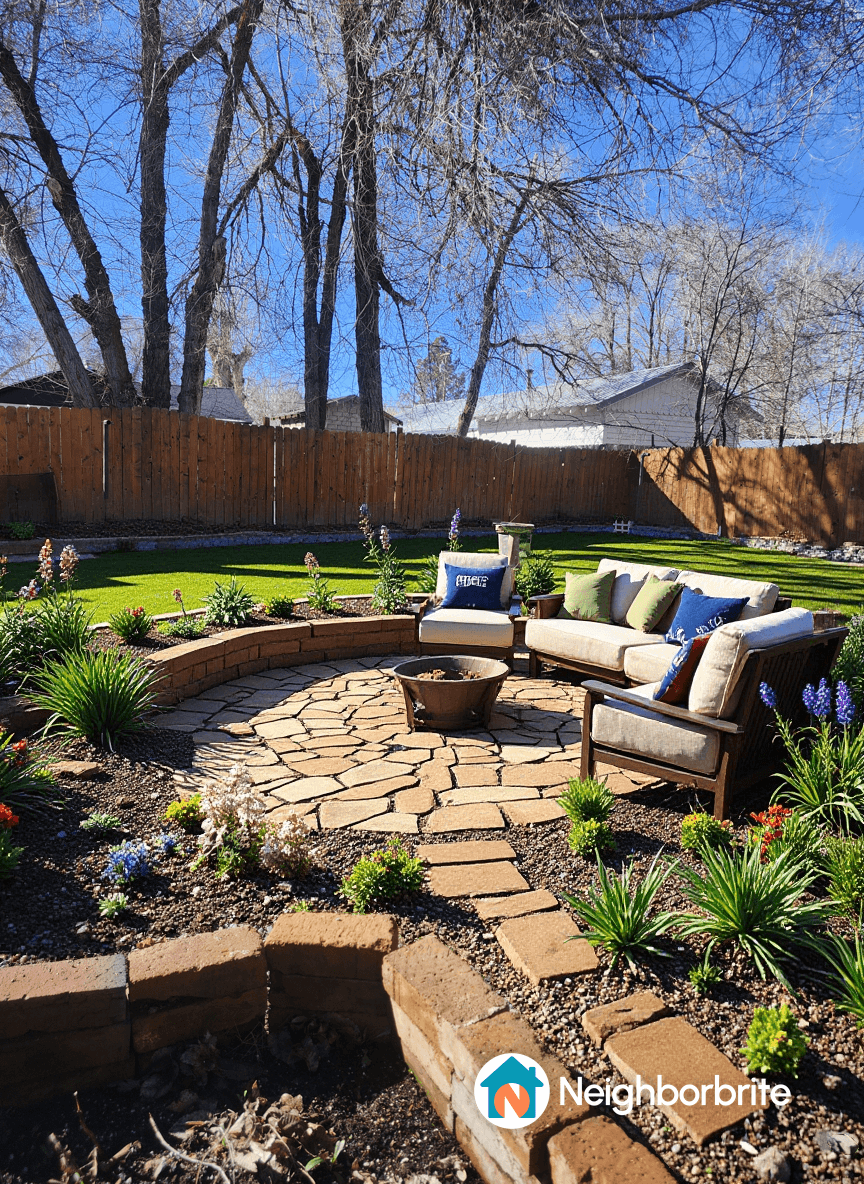 A landscaped yard with seating area, flowers, and a fence.