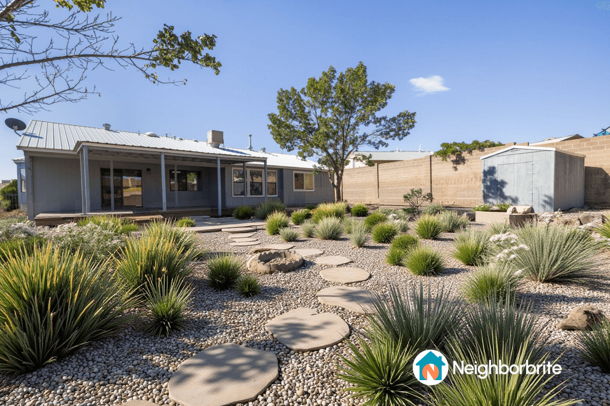 A well-designed yard with stepping stones, plants, and a cozy home.