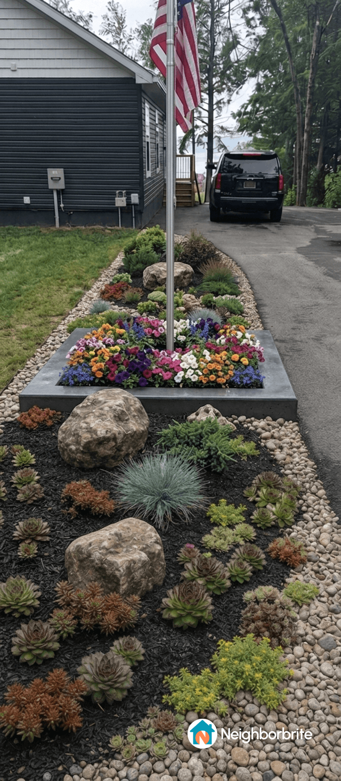 Colorful flower bed with various plants and rocks in a landscaped yard.