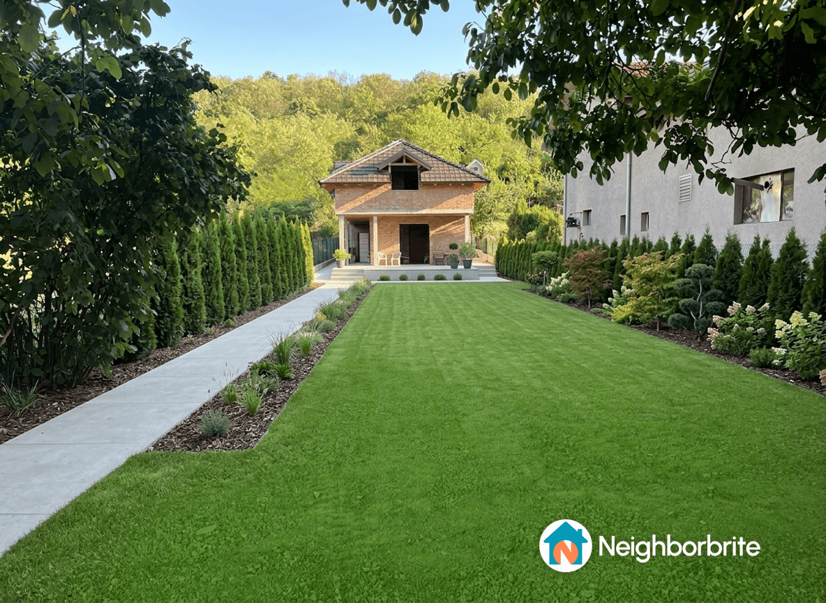 A yard with a concrete path and suggestions for larger plants.