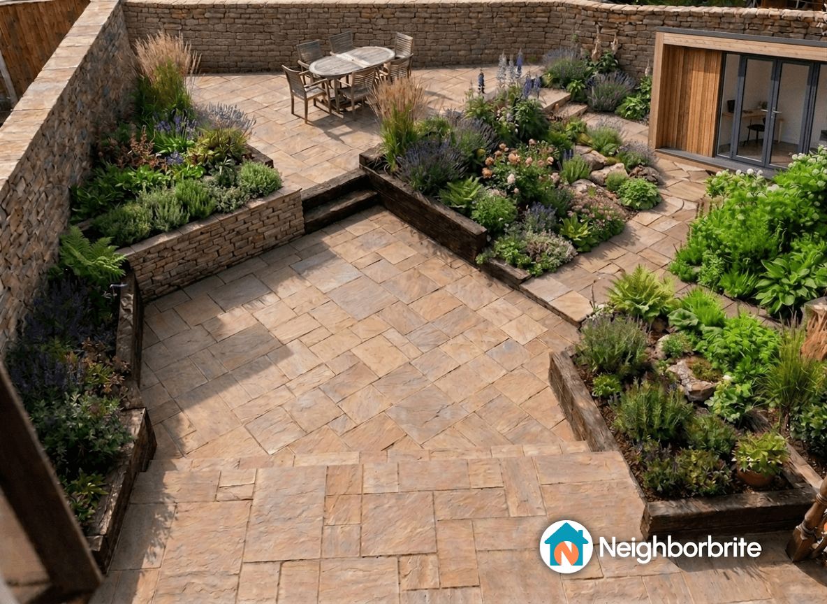 Aerial view of a landscaped garden with stone patio and flower beds.