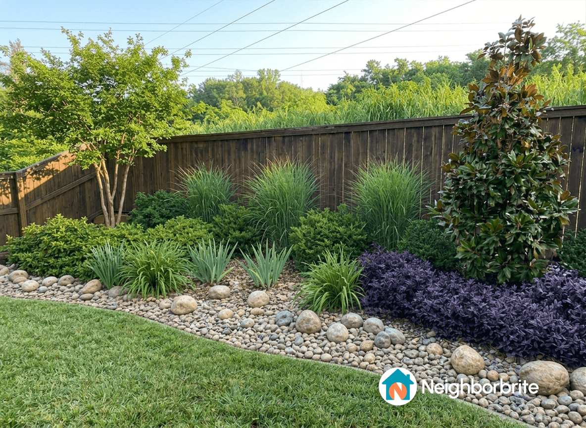 A summer garden featuring azaleas, loropetalum, and various flowers.