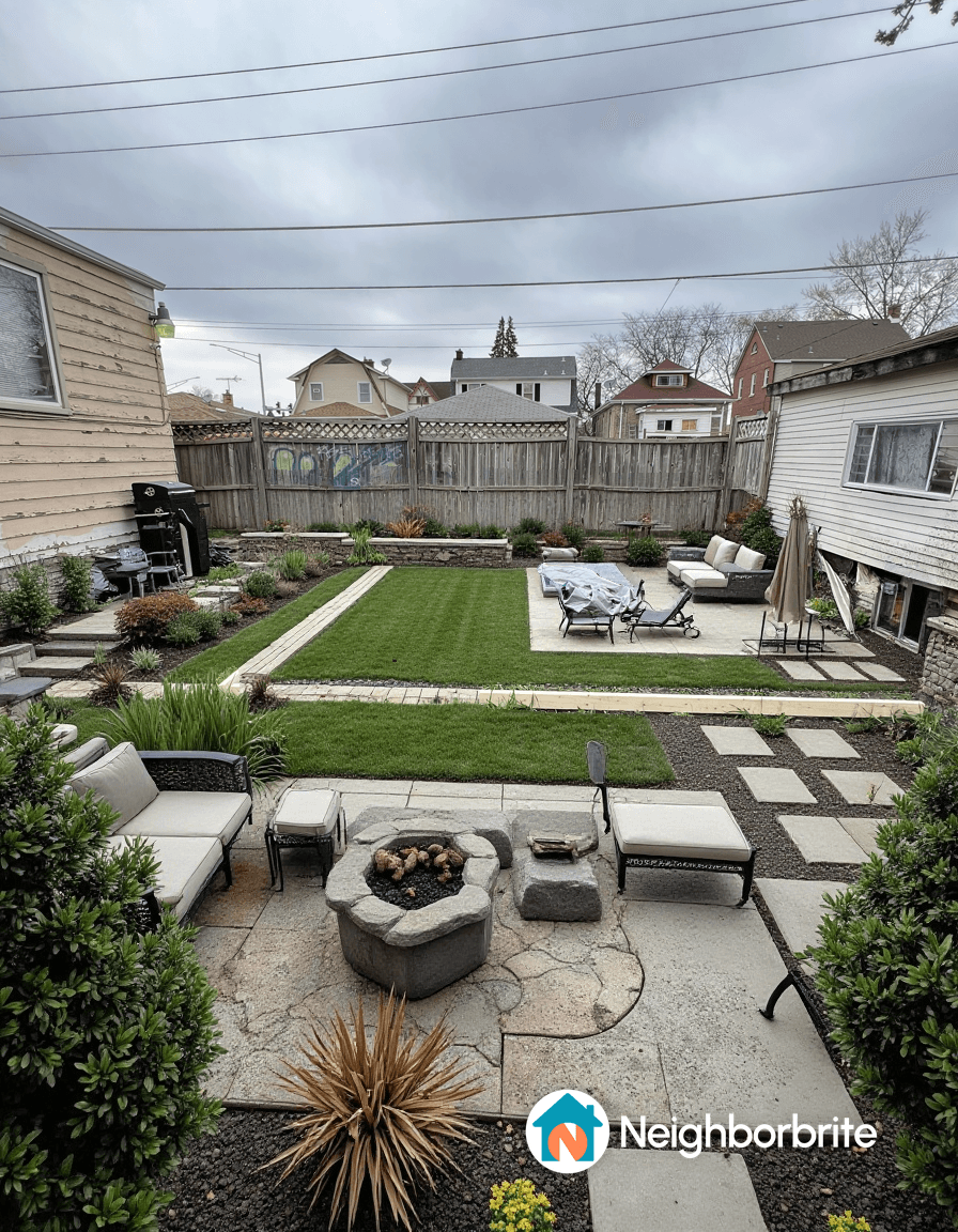A well-designed backyard with seating, fire pit, and lawn.