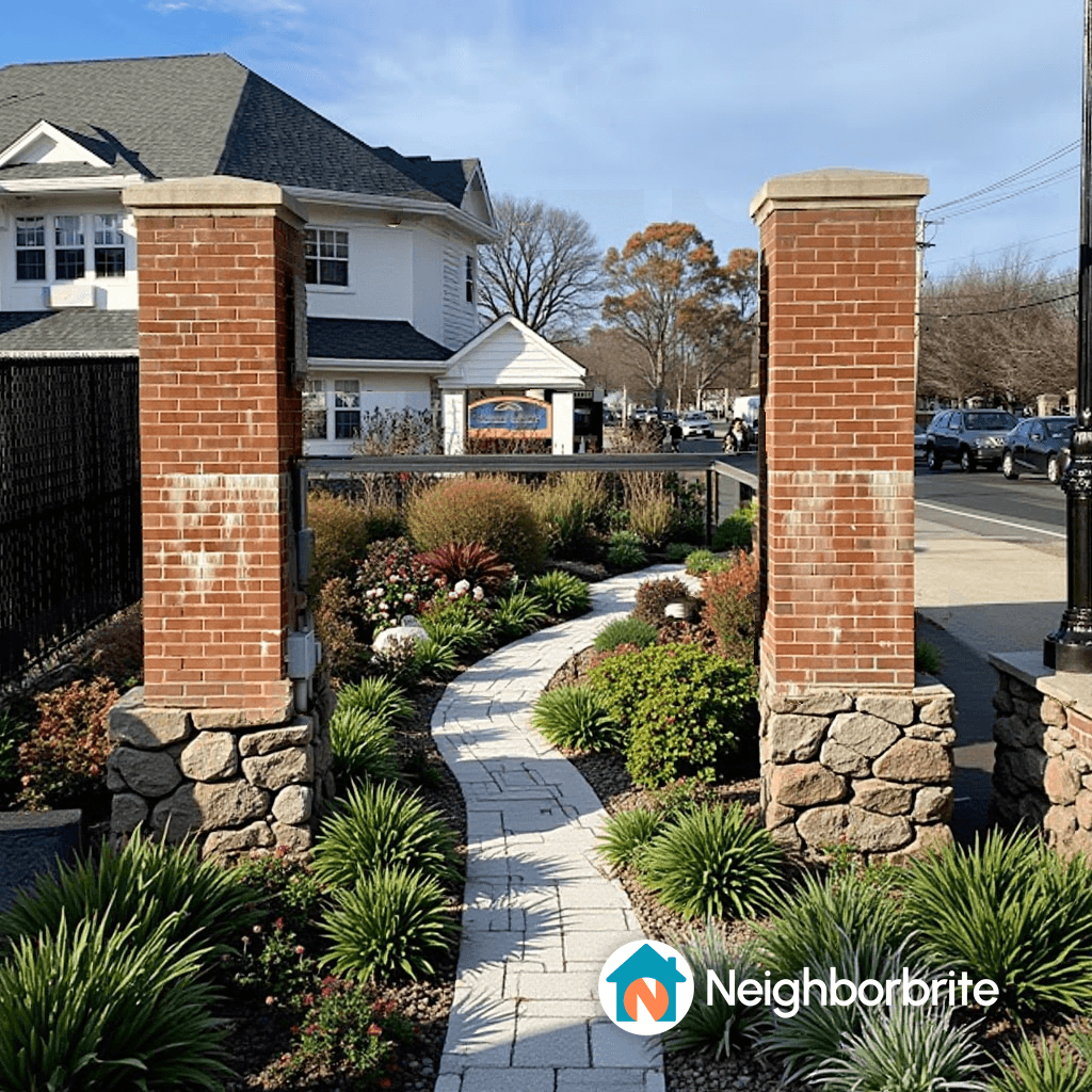 A landscaped pathway with brick pillars and colorful plants.