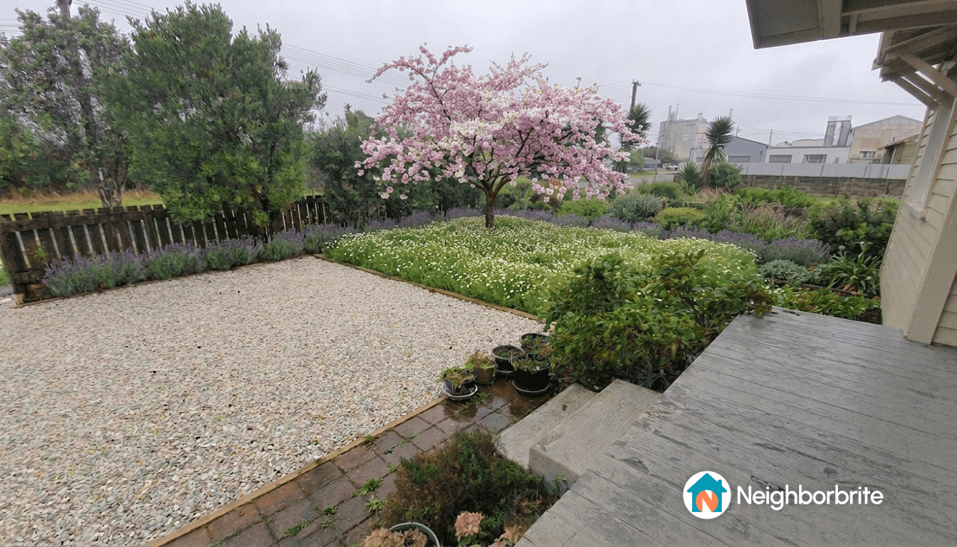 A garden featuring a chamomile lawn, flowering trees, and various plants.