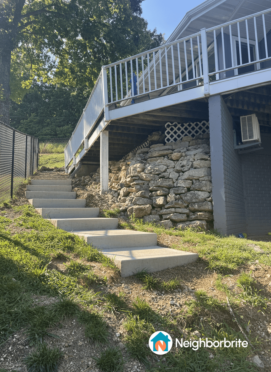 Steps leading to a house with a stone wall on the side.