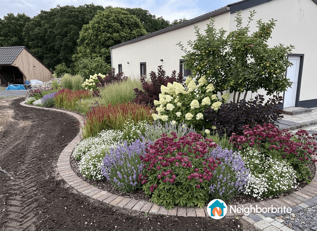 Vibrant garden bed featuring various flowers and plants.