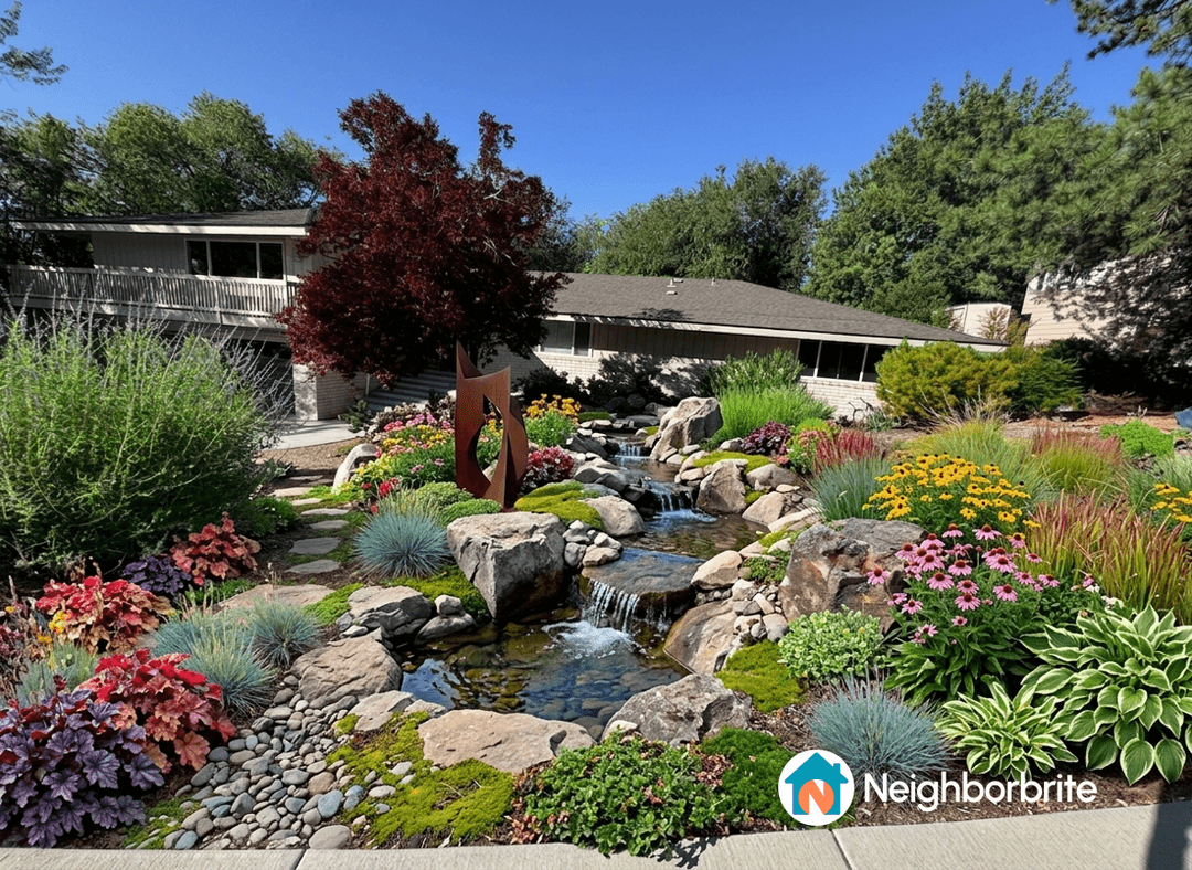 Vibrant garden with colorful flowers, rocks, and a water feature in Reno, NV.