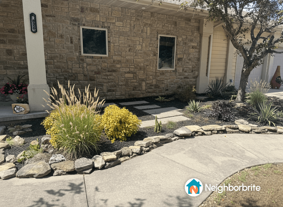 A well-designed front yard with stone path, colorful plants, and a decorative stone border.