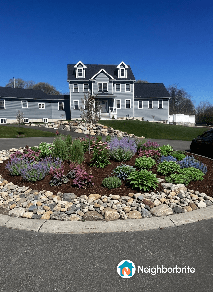 Colorful garden bed with various plants and stones.