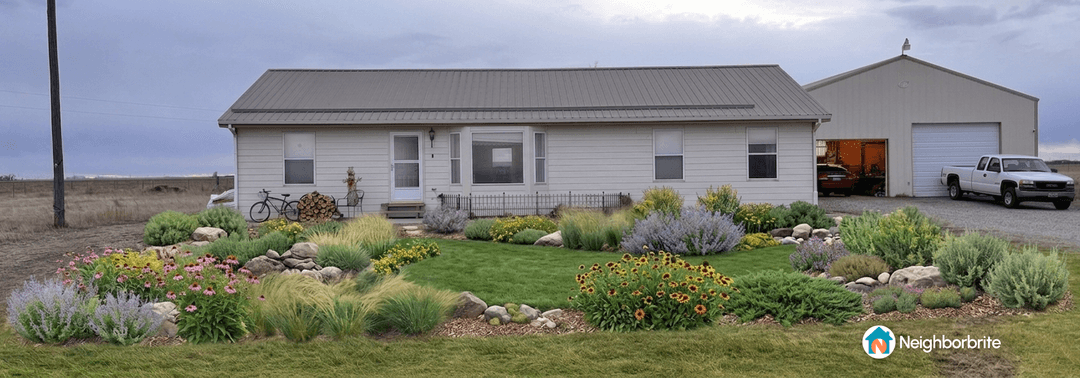 A landscaped yard with flowers and greenery in front of a house.